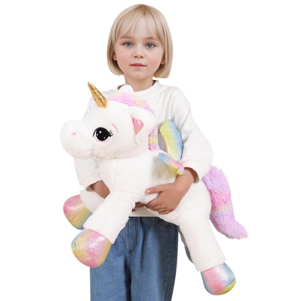 FFxiong 24 Inch Big Unicorn Stuffed Animal Plush Toy Pillow, Cute Soft Giant Unicorn with Rainbow Wings Large Doll, Gift for Children Girls Boys Kids