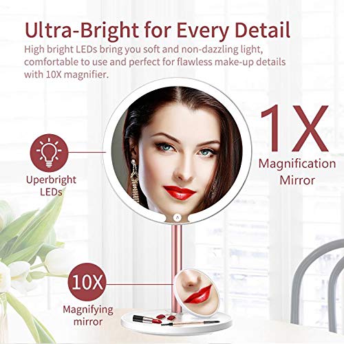 VERNBRIN Makeup Mirror with Led Lights,Magnetic Detachable Rose Gold Cosmetic Mirrors,1X/10X Magnification Vanity Mirror,Table and Wall Mount 2 in 1,360° Rotation,Touch Sensor,3 Color Lightings,USB