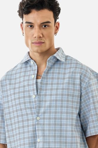Image of SNITCH Men Casual Shirt | Box Fit Half Sleeve Point Collar Check Pattern with Back Text | 100% Cotton Lightweight & Breathable Fabric