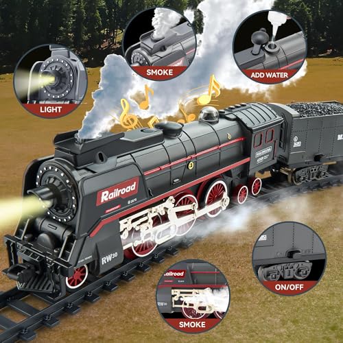 Train Set with More Tracks & Carriages, Luxury Train Toys with Smoke, Light and Sound, Christmas Train Sets for Around The Tree, Toy Train Set for 3 4 5 6 7 8+ Years Old Boys Toddlers Gifts