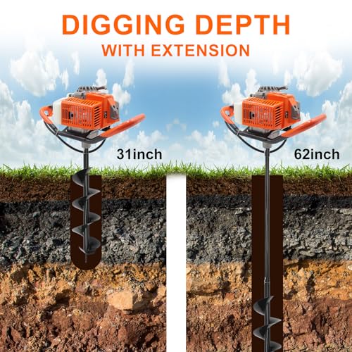 Image of 72CC Post Hole Digger Gas Powered, 2 Stroke Auger with 4&6&12 Inch Bits | LightWeight Powerful. Easy start, One-Person Operation.Includes 2 Extension Rod. For Fence Posts, Garden, Tree Planting.