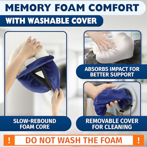 Image of 100% Memory Foam Neck Support Pillow with Adjustable Snap Buttons & Head Support - 4-in-1 Kit with 3D Eye Mask, Earplugs & Washable Cotton Cover - Neck Pillow for Plane Travel, Car, Train & Bus (Blue)