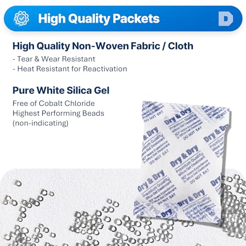 Image of Dry & Dry 50 Gram [200 Packets] Silica Gel Packets Desiccants, Silica Packets - Rechargeable Moisture Absorbers for Food Storage, Electronics, 3D Filament & Safes