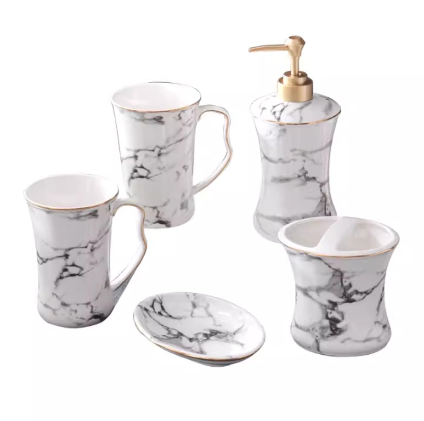 Badezimmer Set Badezimmer-Zubehör-Set Marmormuster Keramik 5-teilig Mit Zahnbürstenhalter Dekoration Organizer
