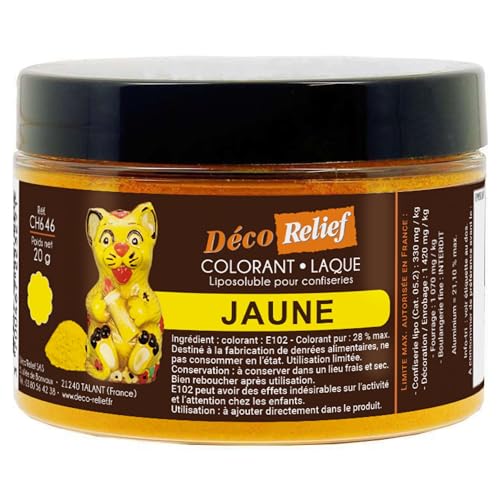 Déco Relief - Colorant Alimentaire Jaune 20 g - Colorant Liposoluble en Poudre - Ingrédient Cuisine & Pâtisserie - Pour Crèmes au Beurre, Chocolat, Pâtes...