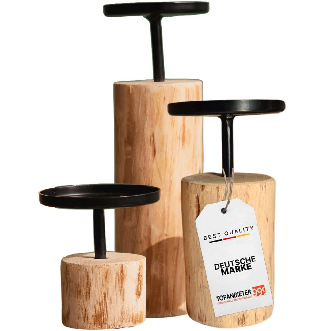 Set di 3 portacandele in legno di eucalipto e metallo, altezza 8-22 cm, elegante portacandele per candele a pilastro, consegna senza candele