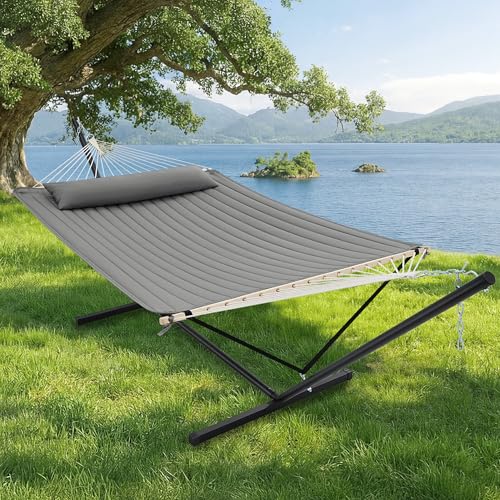 Image of SUPERJARE 12ft Double Hammock with Stand, Rope Hammock for 2 Person, Detachable Hammock Bed and Pillow, Portable, Anti-Tip Safety Ropes, Carry Bag, Outdoor Backyard Patio Camping, Gray