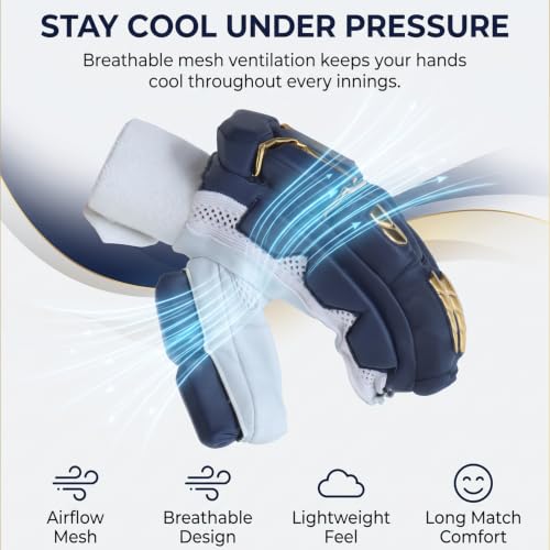 Image of Whitedot Quetzal Lovlon Cricket Batting Gloves, Navy Blue, Suitable for Professional Players (Youth /Medium, Right)