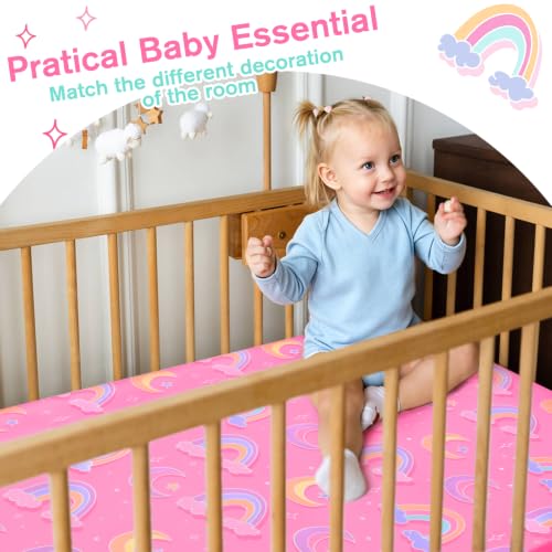 Image of JISEN Baby Fitted Crib Sheets for Boys Girls 52x28 Inch Pink Rainbows