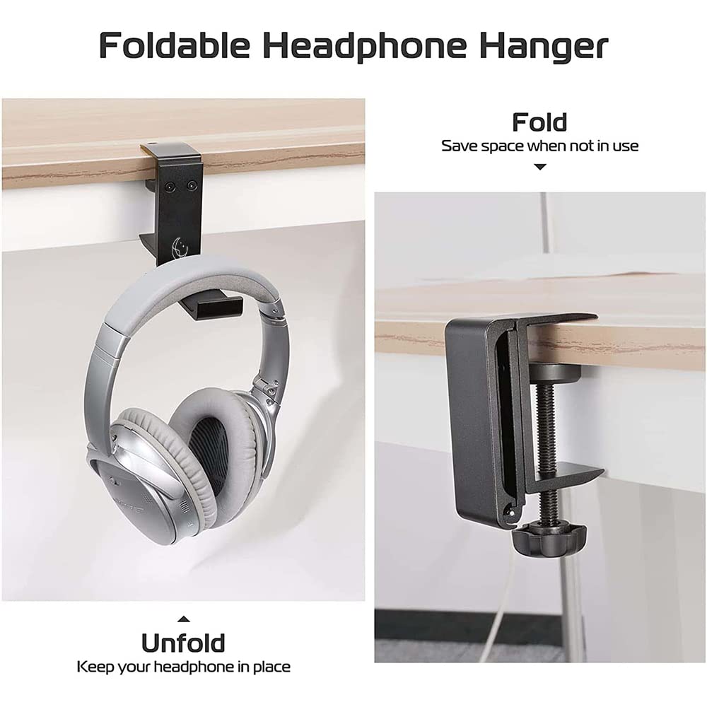 Foldable Headphone Hanger Under Desk - Aluminum Hook For Gaming & Office Setup