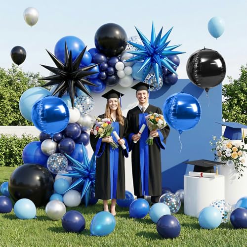 Image of 6pcs 22 inch Black Blue Star Balloons and 4D Large Foil Balloons, Black Foil Star Spike Balloon Blue 4D Ball Balloon For Graduation Father's Day Birthday Baby Shower Party Wedding Decorations