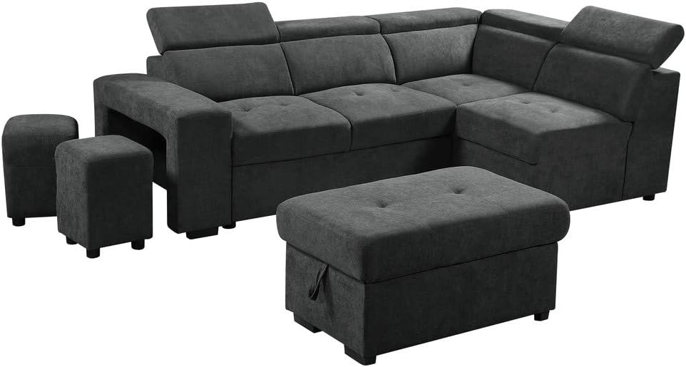 Cori Sleeper Sectional Sofa with Storage Ottoman and 2 Stools in Dark Gray Woven Fabric