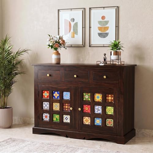 Image of SONA ART & CRAFTS Mini Tile Solid Sheesham Wood Sideboard Cabinet Storage Organizer with 2 Door & 3 Drawer Cabinet for Home Living Room & Bedroom Multi Shelves Cabinets Hallway Dinning (Walnut Finish)