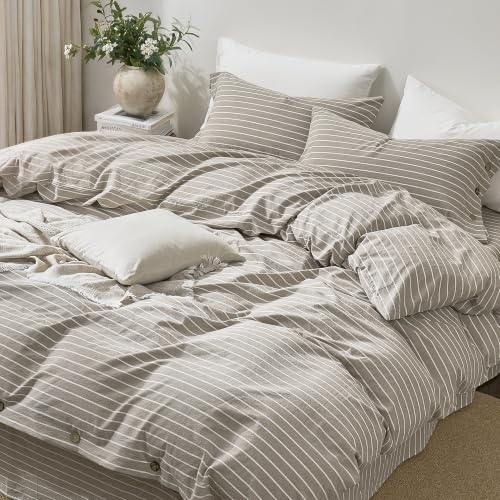 Image of JELLYMONI 100% Washed Cotton Beige Striped Duvet Cover Set Twin