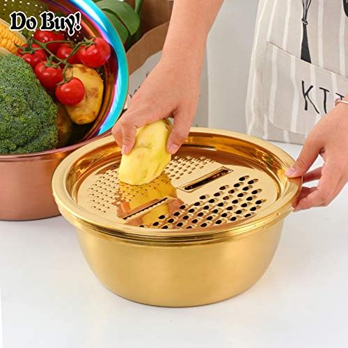 Multifunctional Grater Basin,Large Grater Cutter,Stainless Steel Drain Basket and Basin,Multi-functional&High Quality, for Vegetable Fruit Salad Potatos (rose gold)