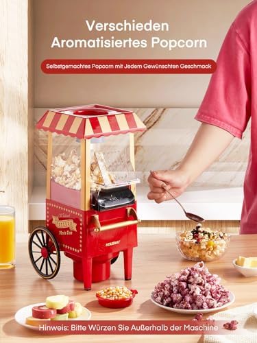 Bild 5 - HOUSNAT Popcornmaschine, 3.5L Retro Heißluft-Popcornmaschine, 1200W, Fettfreies Ölfreies & Gesunder Maïs Snack, Große Inhalt Popcorn Maker für Zuhause - Filmabend & Weihnachten - Rot