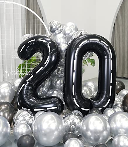 Image of Race Car 40 Inch Black 20 Big Large Helium Balloon Number 0-9 | Track Giant Digital 20th Foil Mylar Party Balloons for Men Birthday Car Theme Party Anniversary Graduation Decorations