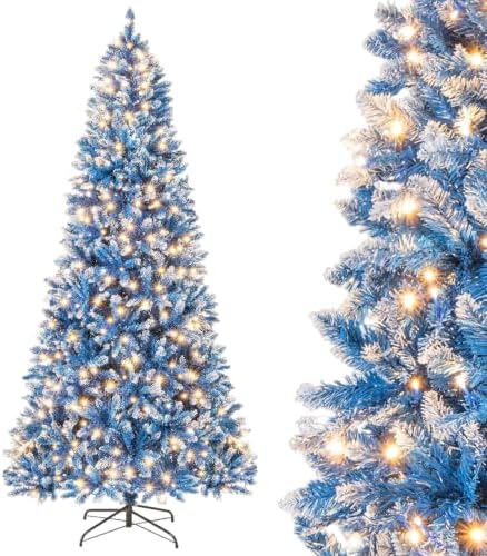 POWERSTONE 8FT Snow Flocked Prelit Artificial Blue Christmas Tree