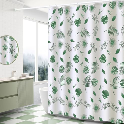 BANLMEYD Shower Curtain Mould Proof Resistant Green Leaf Premium PEVA Waterproof Shower Curtain 180x180cm with Rustproof Grommets and 12 Hooks for Wet Rooms
