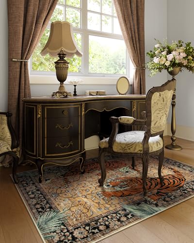 Moynesa Tiger Washable Rugs, 3x5 Entry Area Rugs, Non Slip Vintage Soft Living Room Carpet, Boho Low Pile Stain Resistant Indoor Throw Mat for Kitchen Bedroom Entrance, Camel
