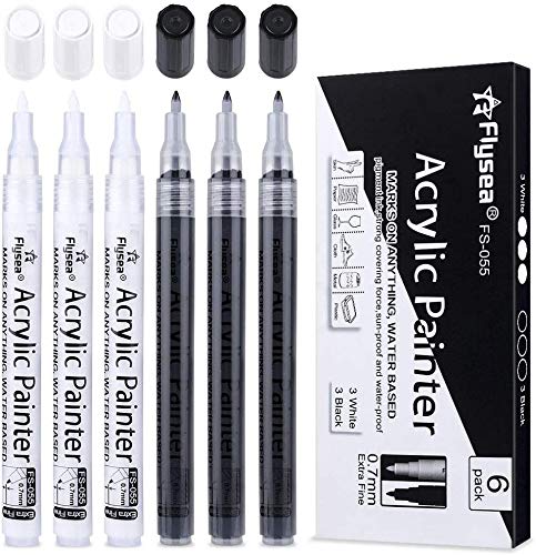 Paint Pens White Black Marker 6 Pack,0.7mm Acrylic White Permanent Marker,White Paint Pens for Rock Painting Stone Ceramic Glass Wood Plastic Glass Metal Canvas Water-based Extra Fine Point