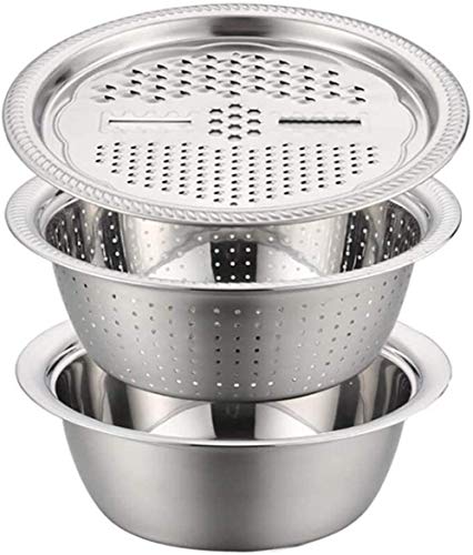 None Brand Multifunctional Stainless Steel Basin with Grater Vegetable Cutter with Drain Basket, 3 in 1 Kitchen Multipurpose Julienne Grater for Vegetables Fruits Cheese Chocolate