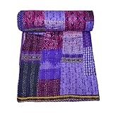 Marubhumi Indian Handmade Quilt Indian Silk Sari Kantha Quilted Patchwork (Purple, Queen (90'x 108'))