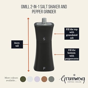 Grunwerg SP-9174BK 2-in-1 Salt Shaker and Pepper Mill, Plastic, Matt Black