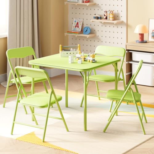 Image of JOYMOR Kids Folding Table and Chairs Set, 5-Piece Metal Frame Activity Set with Easy-Fold Design for Playroom & Classroom, Green