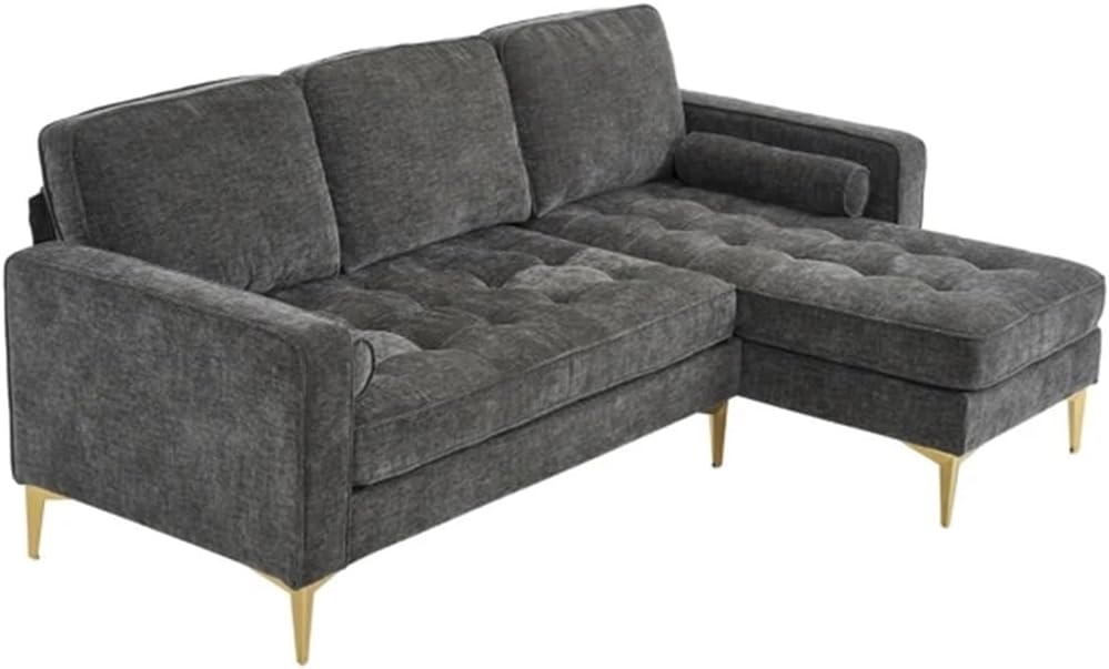 Modular 3-Seater Sofa with Footstool Chenille Rhombus Electroplated Golden Tripod Legs, Drak Gray, for Living Room