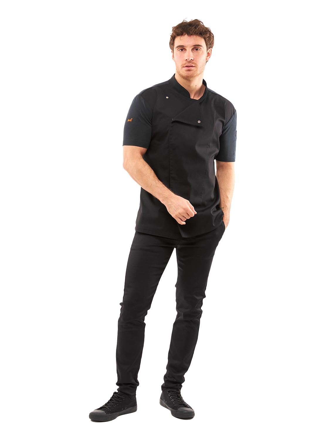 strongAnt Kochjacke Herren Kurzarm mit Druckknöpfen, Slim Fit, Stretch BW, Sommer Chef Uniform Jacket, Bäckerjacke - Modal - Schwarz, Größe: XS