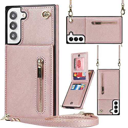 Jaorty Samsung Galaxy S21 Fe 5G Cases With Card Holder For Women,Crossbody Phone Case For Samsung S21 Fe With Strap,Leather Pu Lanyard Magnetic Clasp Zipper Wallet Case With Kickstand,6.4" Rosegold #TOP7