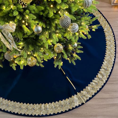 Starry Dynamo 84-Inch Venetian Gilded Velvet Christmas Tree Skirt with Gold Embellished Border, Foam-Padded, Button Closure, Royal Blue
