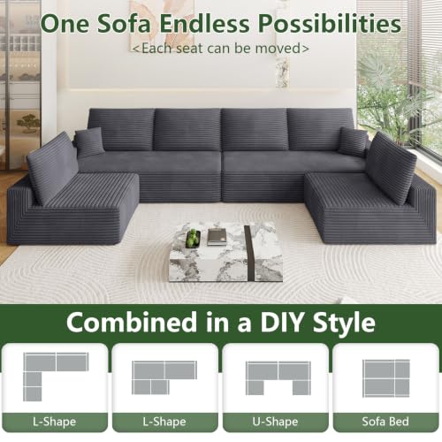 Image of Oversized Modular Sectional Sofa Couch, Large 6 Seater Corner Sofa Modern U Shaped Sectional Couch Cloud Couches for Living Room, Office, Spacious Space, Corduroy, No Assembly Required, Dark Grey