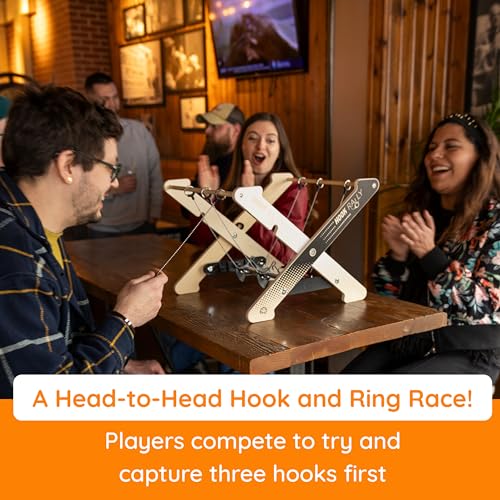 Image of Fat Brain Toys Hook Rally Portable Wooden Tabletop Skill Challenge, Ring Toss Game for Kids and Adults, Hook Game Ring Toss, Fun Toys, Ages 8 to Adult