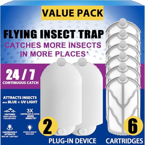 Image of Flying Insect Trap for Indoor Use (2 Staters & 6 Refill Cartridges), UV Light Bug Catcher for Fruit Flies, Gnats & Small Flying Pests, Silent, No-Zap, Mess-Free