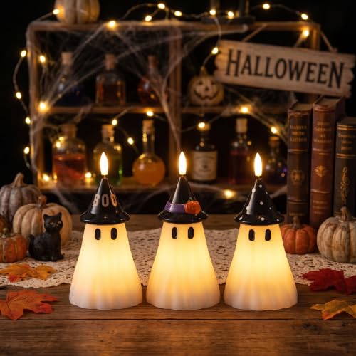 Image of Halloween Decor Flameless Ghost Candles with Witch Hat, 3PCS