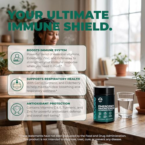 ELICORE Emergency Immune Support Supplement – Vitamin C, E, B6, Zinc, Elderberry, Echinacea, Garlic & Turmeric – Immune Booster for Adults – Gluten Free, Sugar Free, Vegan Friendly – 60 Capsules — view 3