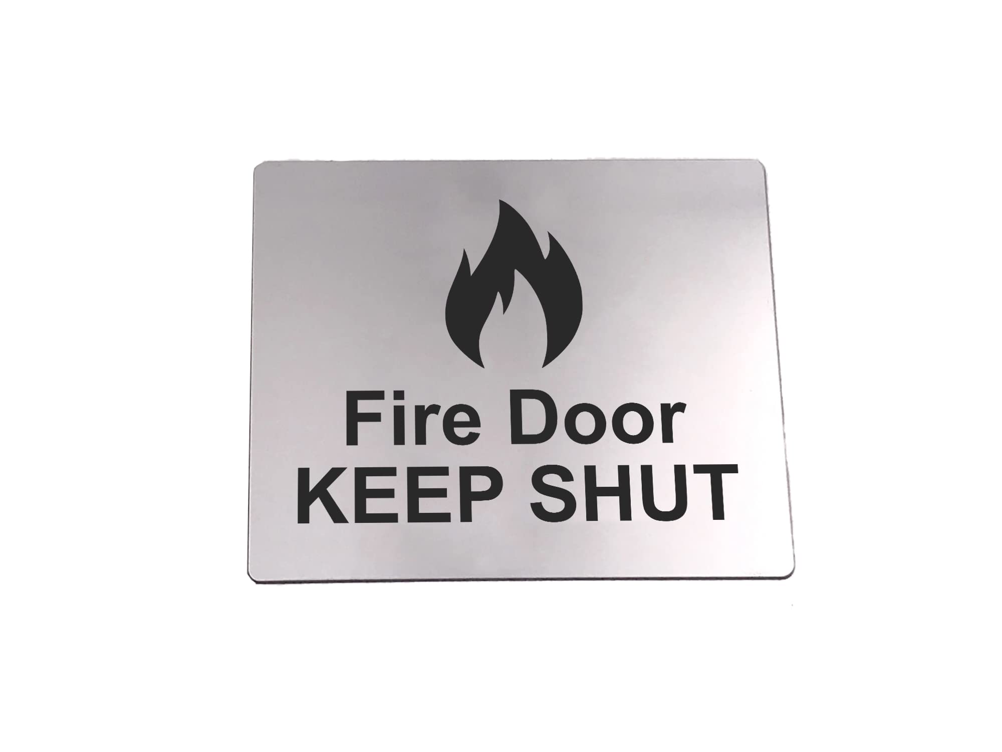 Fire Door Keep Shut Sign Adhesive Sticker Notice, Metallic Silver Engraved Black with Universal Icon Symbol and Text (Size 12cm x 10cm)