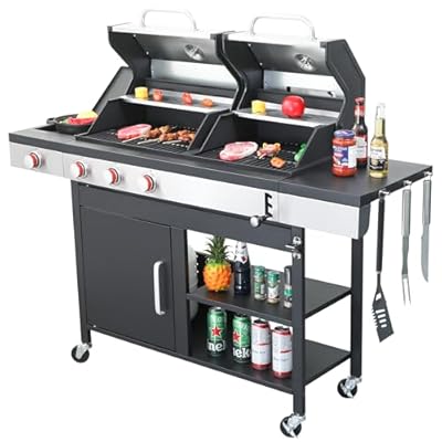 nifoti 3-Burner Propane Gas BBQ Grill and Charcoal Grill Combo with Enameled Cast Iron Cooking Grids & Side Burner, 37,230BTU Output Stainless Steel Dual Fuel Grill for Outdoor Camping Barbecue