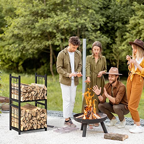 Firewood Rack Indoor, Portable 2 Tier Firewood Rack, Sturdy And Easy To Assemble Construction, Outdoor Firewood Rack With 4 Hooks For Storing Wood Logs For Fireplaces, Fire Pits And Stoves - Black #TOP4