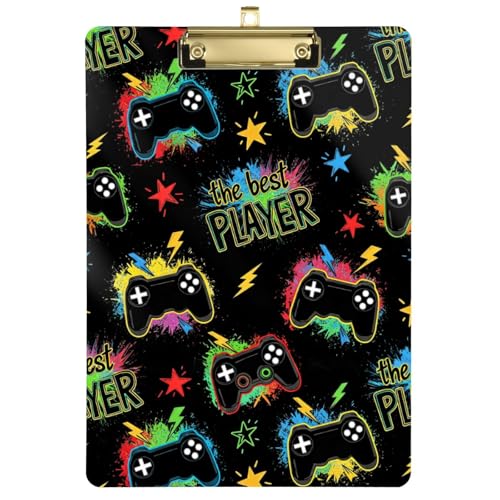 Planche à pince rigide en acrylique motif gaming avec clip doré chic