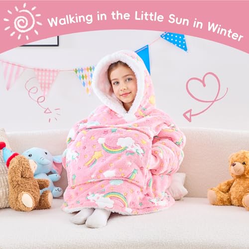 yescool Wearable Blanket Hoodie Kids Glow in the Dark, Oversized Blanket Sweatshirt with Sherpa Teen Girl Gifts for Kids,Girls, 8-15 Year Old Girl Boy Gift Warm Wearable Blankets, One Size, Rainbow