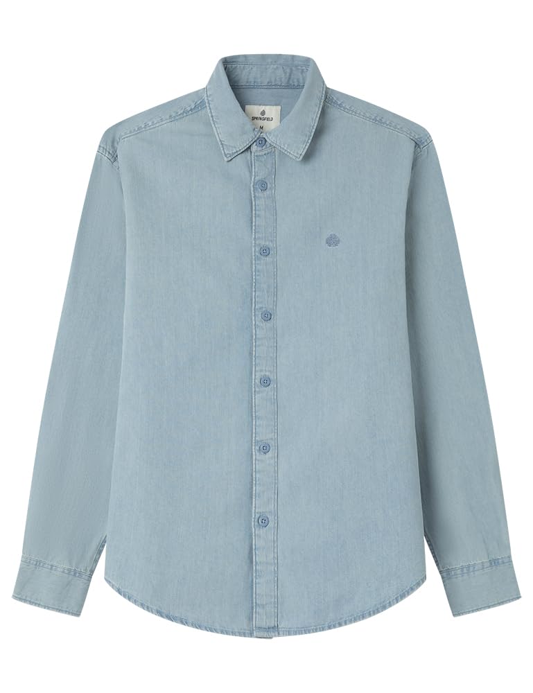 SPRINGFIELD Men's Basic Denim Shirt with Tree Embroidery Embroidered, Blue, XL