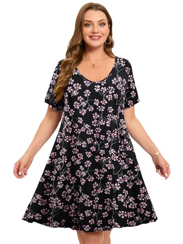 Image of ZENNILO Women's Plus Size Swing Dress with Pockets Casual Summer Dresses V Neck Short Sleeve T Shirt Dress for Women