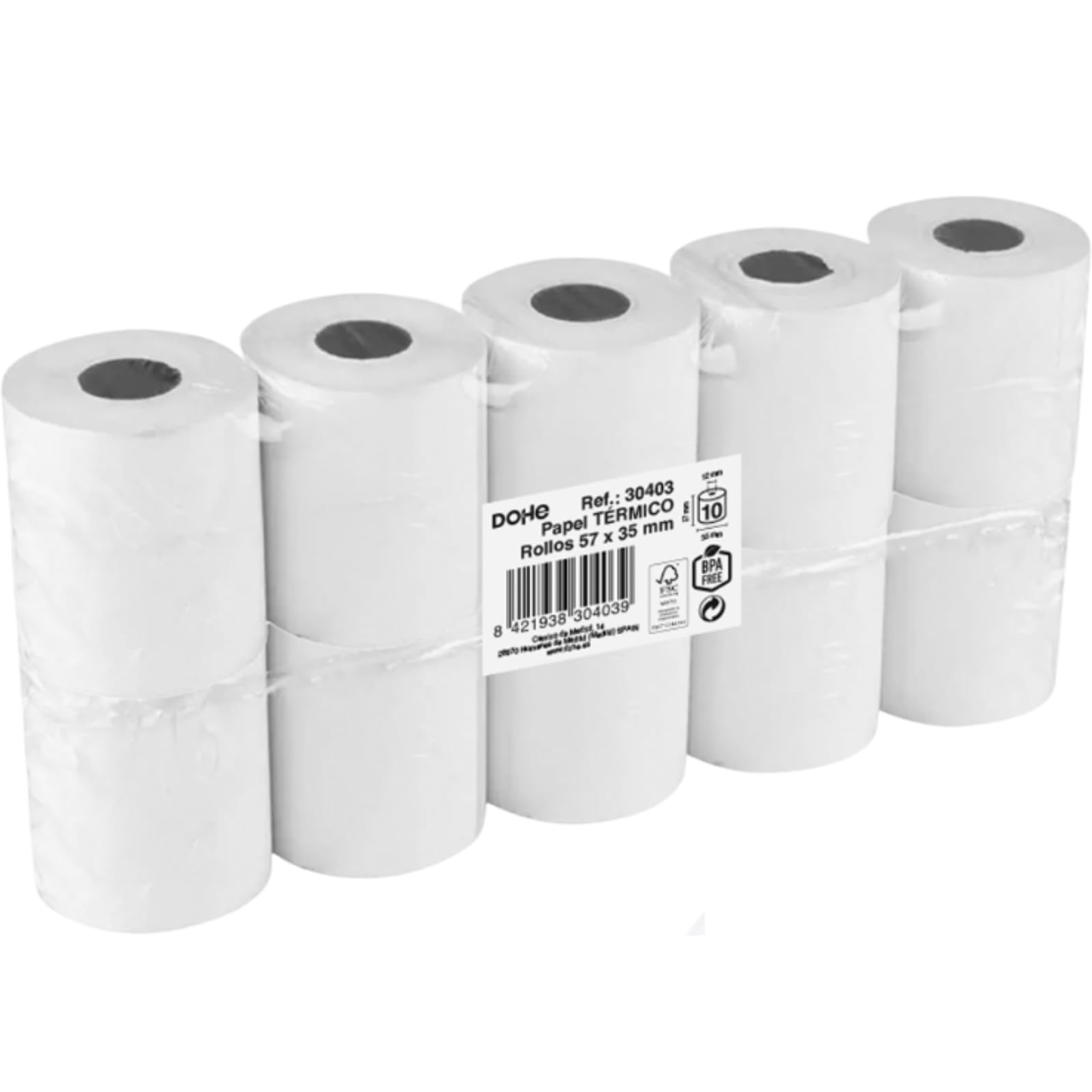 Dohe - Rollos Papel Térmico 57x35 mm (10 uds.) - Núcleo ⌀12 mm, Largo 7,5 m, Tickets para Datáfonos, TPV, Cajas Registradoras, Impresoras POS y EPOS, Grosor 60 gr/m², Sin BPA