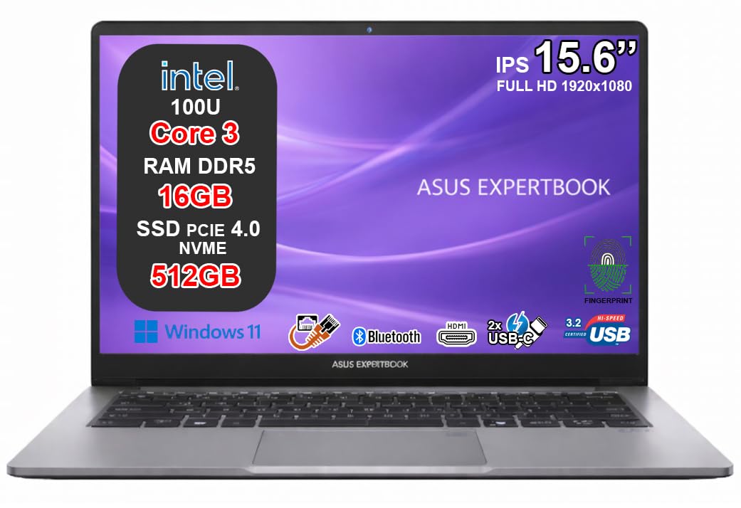 ASUS ExpertBook P1 Notebook, Intel Core 3 100U, 16GB DDR5, SSD 512GB NVMe PCIe 4.0, Display 15,6" FHD Antiriflesso, USB-C Gen2, LAN RJ45, Wi-Fi 6, Bluetooth 5.4, Windows 11, 24 Mesi Garanzia