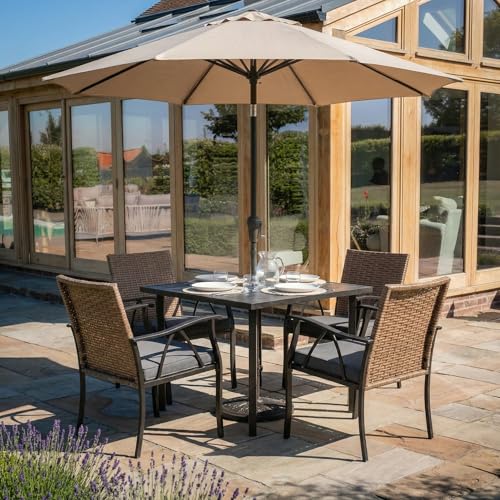 Image of 5-Piece Patio Dining Set for 4, Outdoor Dining Set with 4 Wicker Patio Dining Chairs with Cushions & 1 Black Square Woodgrain Dining Table with 1.75 inch Market Umbrella Hole, Black & Brown