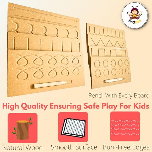 Image of BuGBee Educational Tracing Wooden Board for Kids | Counting Learning Puzzle for Children | Writing Slate for Toddlers | Montessori Toy for 2+ 3+ Years | Handwriting Practice Prewriting Board Set of 8