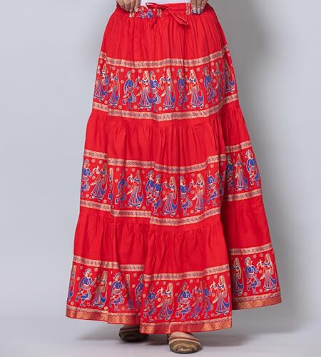 Image of Women's Cotton Printed Long Skirt | Ethnic Folk Print Tiered Maxi Skirt for Women | Elastic Waist Flared Boho Skirt | Traditional Casual for Women